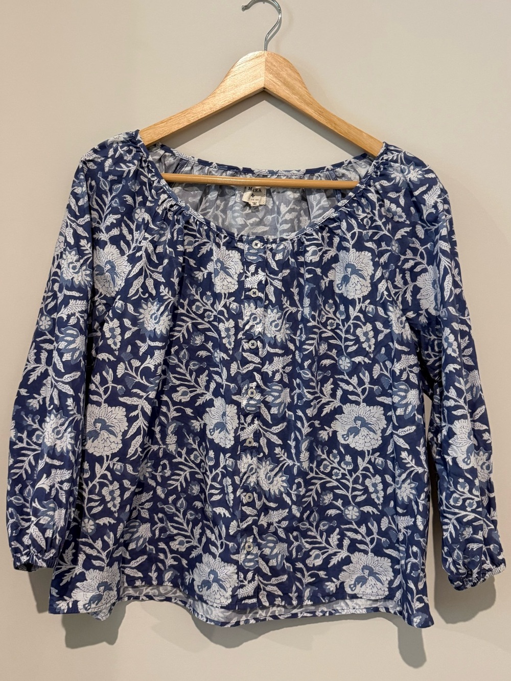 Marea by Liz Joy Blue Floral Button-Front Poplin Block Print 100% Cotton Top S
